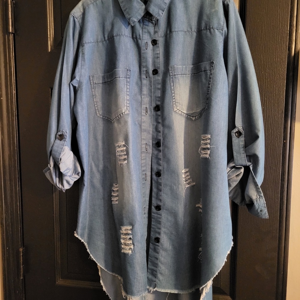 Women's Distressed Denim Button Down Shirt
